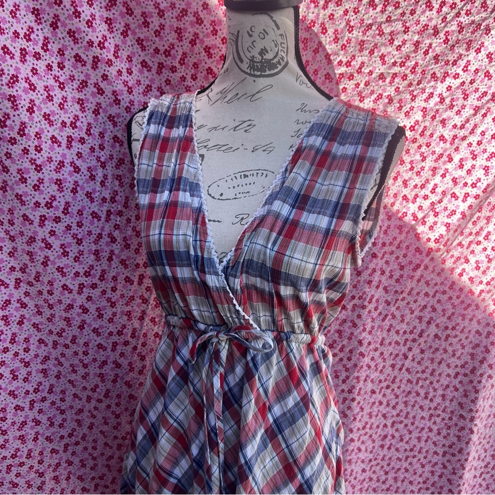 “Eddie Bauer” red and blue plaid cottage dress 100% cotton